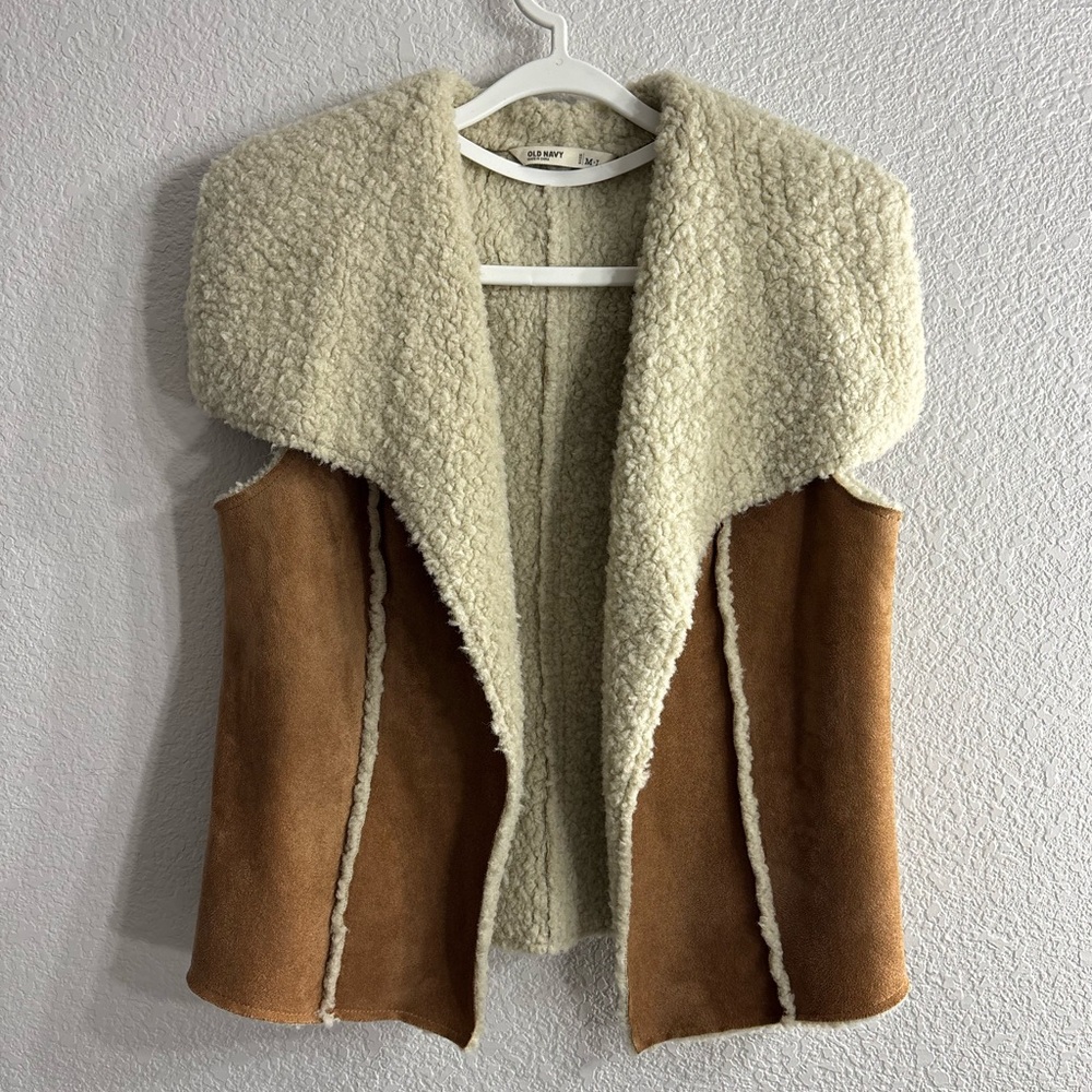 Old Navy Brown Faux Suede Cream Sherpa Fleece Vest Boho Western CabinCore M/L